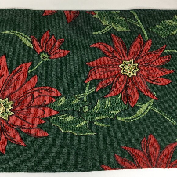 Poinsettia 69 x 13 Christmas Table Runner Red & Green Floral Holiday Tapestry - Picture 4 of 16